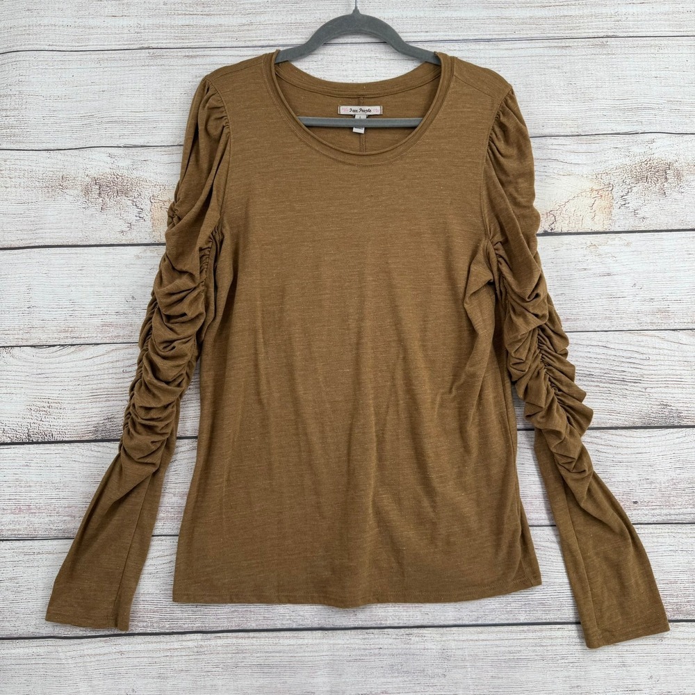 Free People Ruched Sleeve Top Womens L Brown OB1581264 Gathered Slub Tee